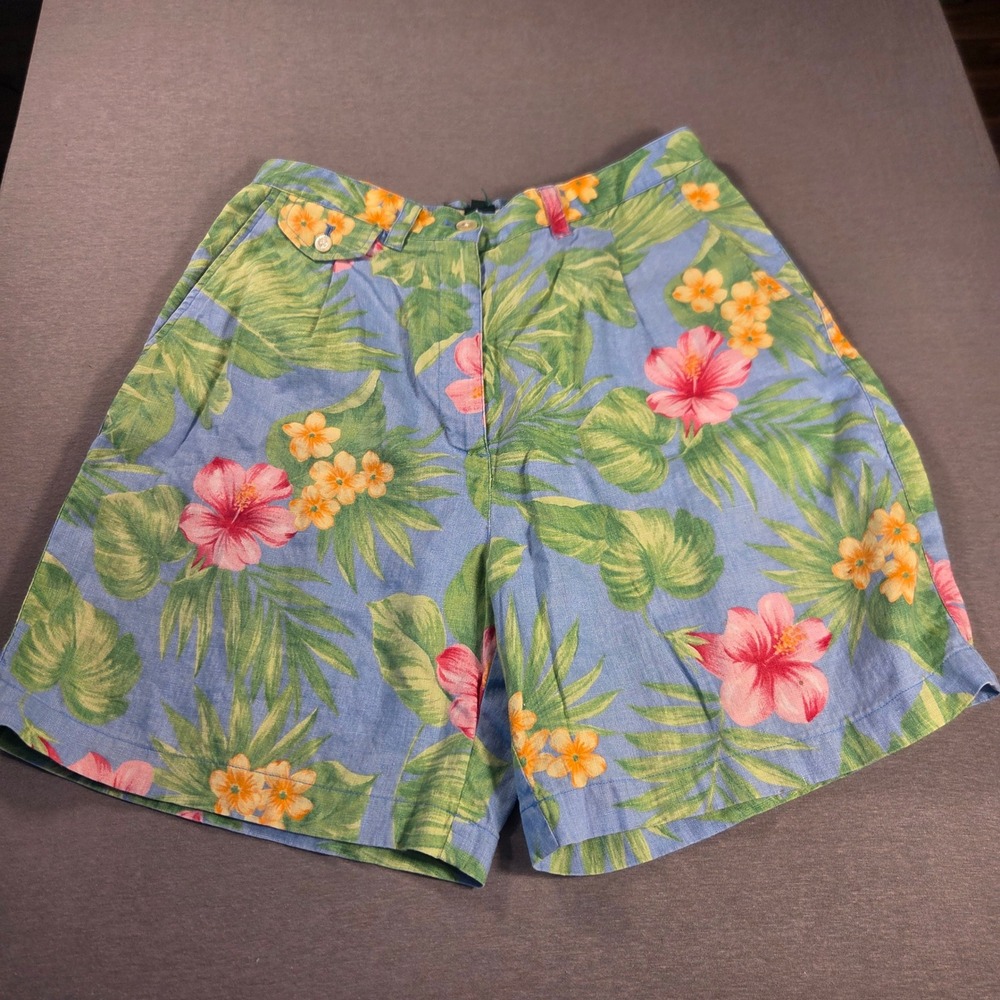 Lauren Ralph Lauren Tropical Hibiscus Linen Shorts Blue Pink Floral Size 8